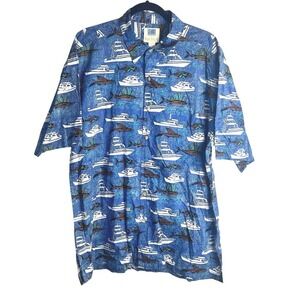 Kahala XL Blue Cotton Button Up Shirt Fishing Boat Sailfish Kona Hawaii (d472)
